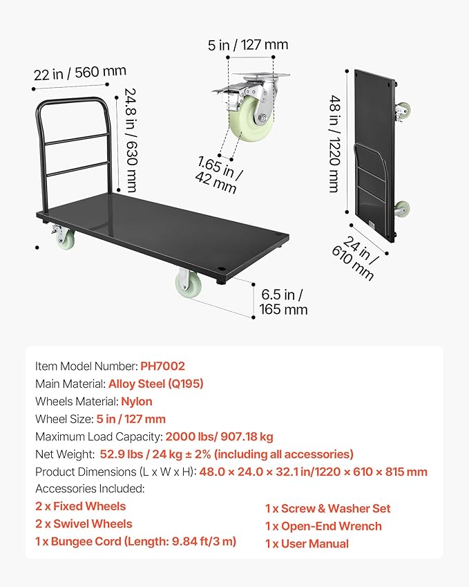 VEVOR Heavy Duty Platform Truck, 2000 LBS Industrial Steel Flatbed Cart with 360° Swivel Wheels, Platform Push Cart Dolly, Easy Storage for Warehouse/Garage/Moving/Garden (48" x 24" x 32")