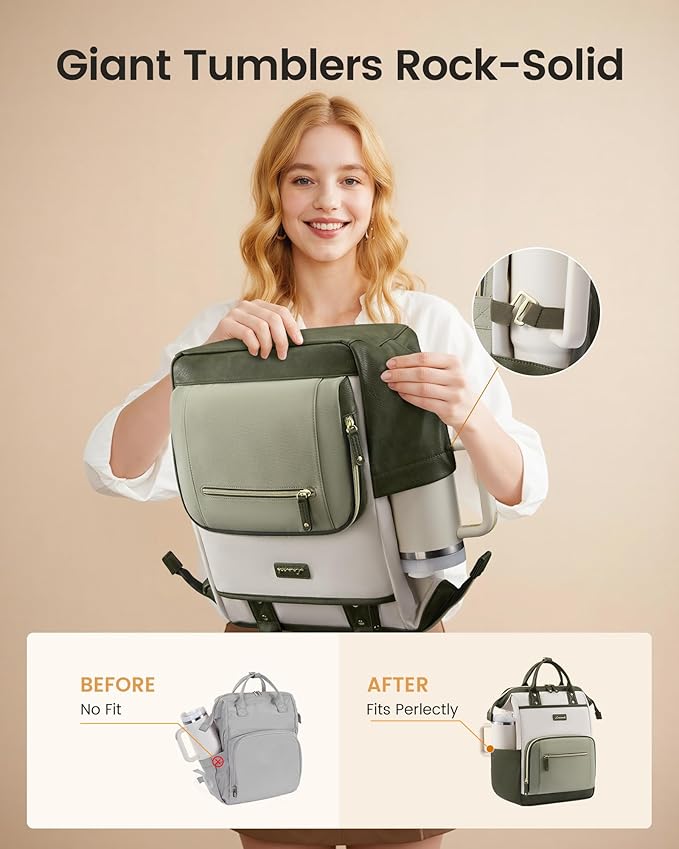 LOVEVOOK Laptop Backpack for Women with Giant Tumbler Holder,15.6 inch Professional Nurse Teacher Backpack Computer Laptop Bag,Cute Waterproof Travel Backpack Purse Work College Bag, Grey-Pink