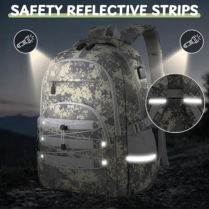 Kids Backpack for Boys - Camo Boys Backpacks for Kids Teens Elementary Middle School, 18″ Camouflag Students Bookbag with Usb Charging Port & Key-chain, Perfect for Travel and School