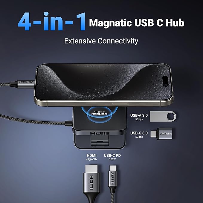 UGREEN USB C Hub, 4-in-1 Magnetic Adapter 4K@60Hz, 100W PD Charging, USB-A and USB-C Data Ports, Foldable Portable Adapter for iPhone 17/16/15 Series, Galaxy S25 and More