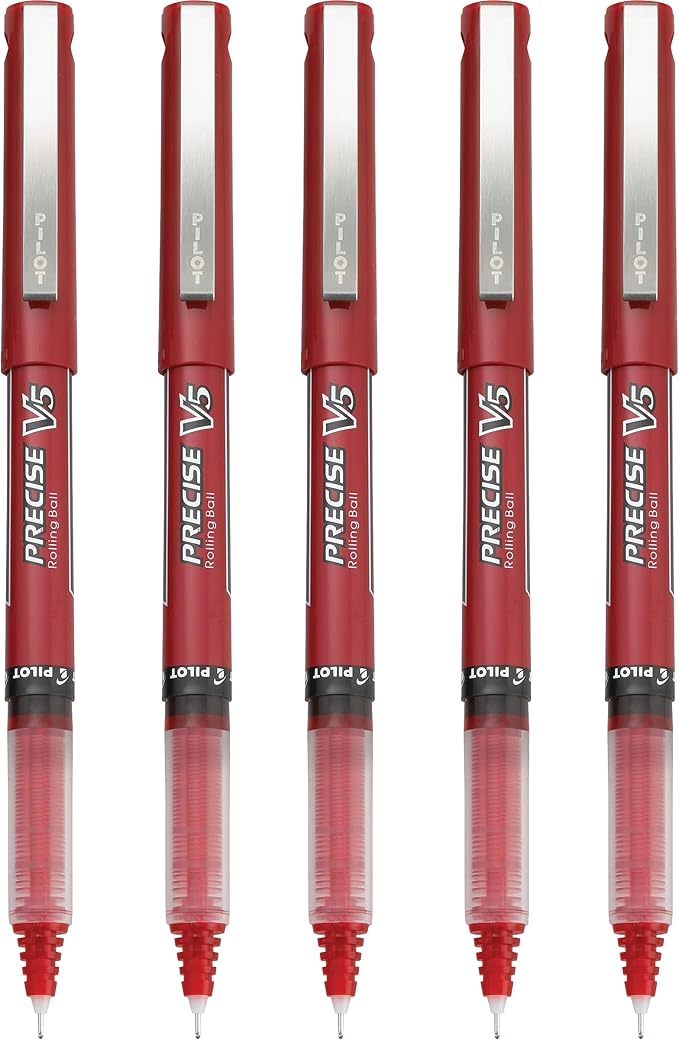 Pilot Precise V5 Rollerball Pens, Extra Fine Point 0.5 mm Red Pens, Pack of 5 - Ideal for School, Journaling & Office Writing