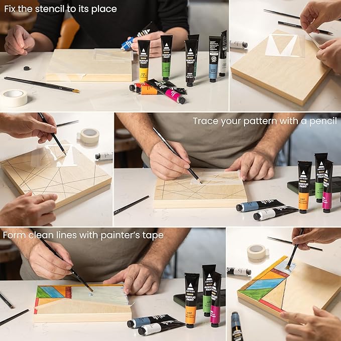 ARTEZA Wood Painting Set with Acrylic Paint, Foam Paint Brushes for Acrylic Painting, Stencils, Wood Canvas Cradle Art Boards & Painter's Tape, Experience Box for Home Decor, Painting & Drawing