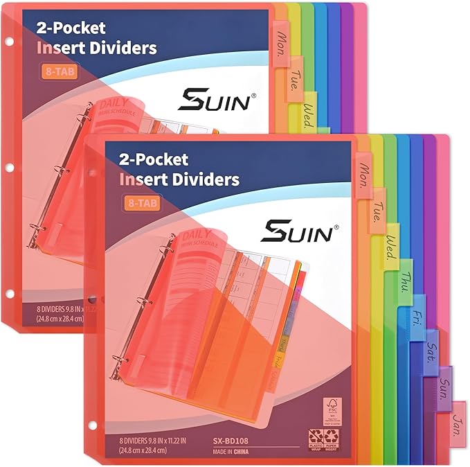 SUIN 8-Tab Insertable Binder Dividers with Double Pockets - Translucent Plastic Page Separators for 3 Ring Binder, Front & Back Storage, Durable Poly, Letter Size, Rainbow Colors, 2-Pack
