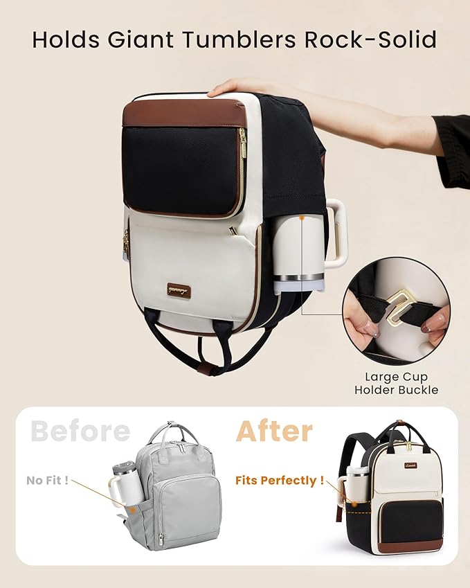 LOVEVOOK Laptop Backpack for Women with Giant Tumbler Holder Pocket, 15.6 inch Travel Work Backpack Purse for Teacher Nurse, Waterproof College Book Bag Cute Casual Daypack, Beige-Black-Brown