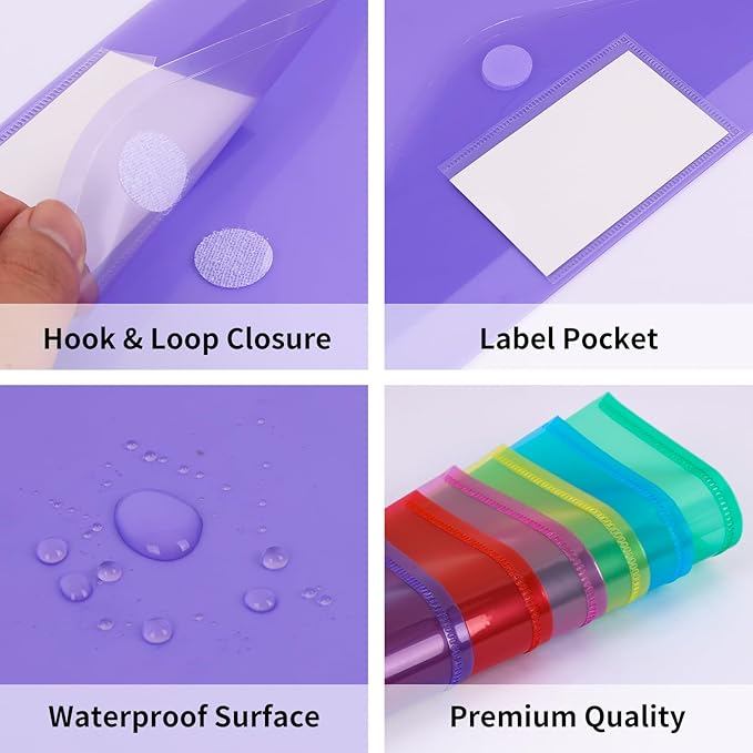 EOOUT 7pcs Plastic Envelopes Poly Envelopes, Clear Document File Folders with Hook & Loop Closure, A4 Size with Label Pocket for School Home Work Office Organization