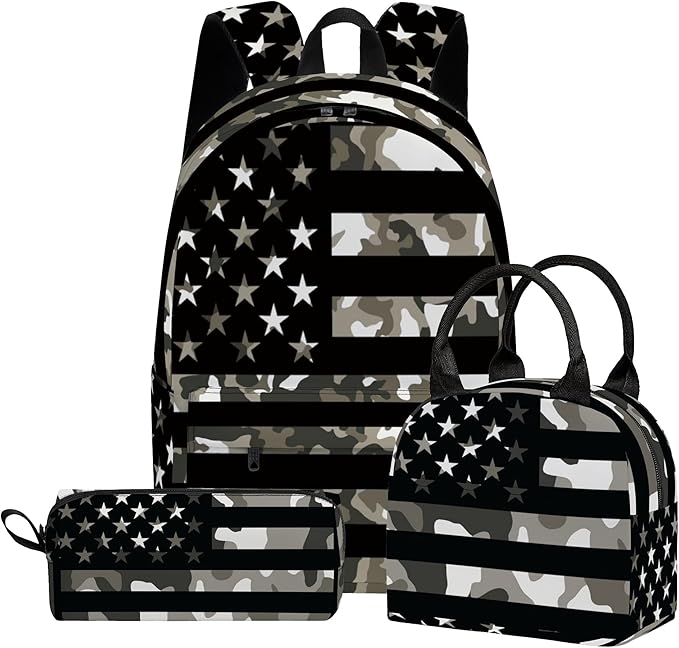 Flag 3PCS Backpack Set for Teens Elementary Middle High School, 17 Inch Lightweight Classic Bookpack 3 in 1 Set for Girls Boys, Kids Back to School Backpack with Lunch Box Pencil Case