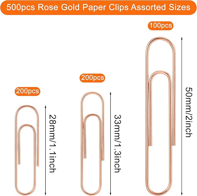 NEEWAY 500pcs Rose Gold Paper Clips Assorted Sizes Small, Medium and Large Paperclips for Paperwork Ideal for Home, School and Office Use