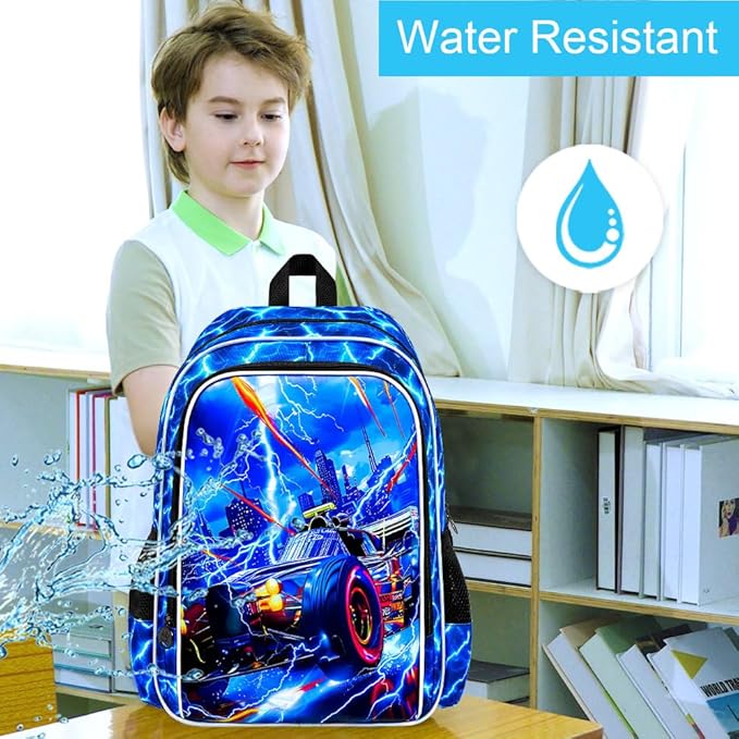 KLFVB 3PCS Lightning Backpack for Boys, 17" Race Car Bookbag and Lunch Box, Water Resistant Teenagers School Backpacks for Middle Elementary - Lightning Speed Car
