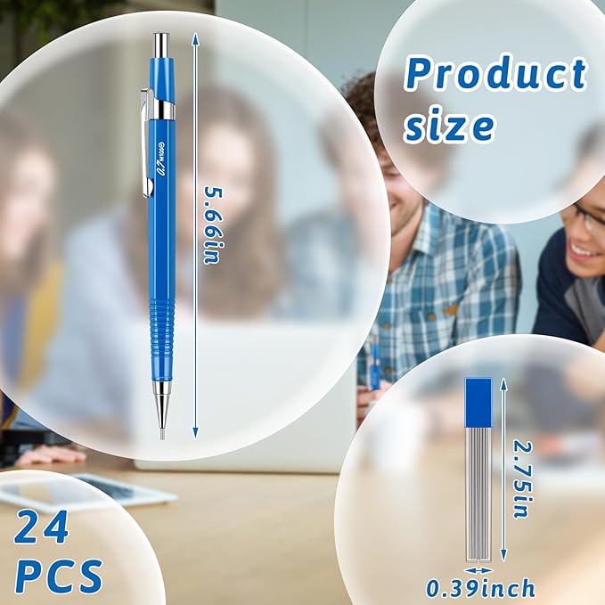 Gueevin 24 Pcs Mechanical Pencil Metal Penpoint Mechanical Pencil Retractable Automatic Drafting Pencils Refills for Writing Drawing Signature (0.7mm,Blue)