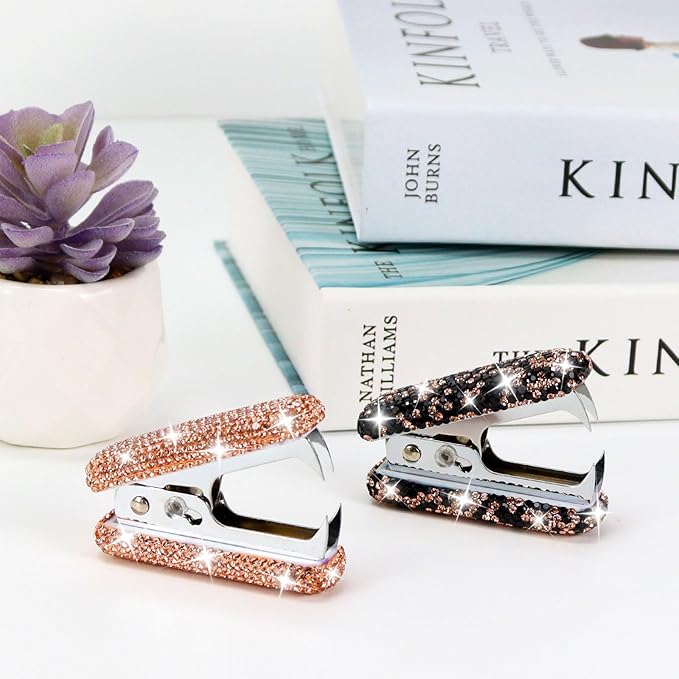 Multibey Rhinestone Staple Remover, Handmade Bling Crystal Gold Cute Staple Remover Tool for Desk, Dazzling Staples Puller Tool Mini Office Supplies & Desk Accessories for Women Office (2 Pcs)
