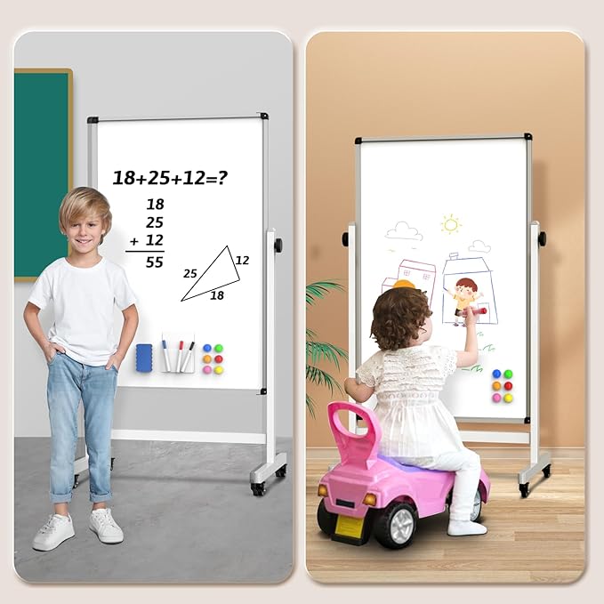Rolling Whiteboard, 44 x 26 Double Sided Magnetic Dry Erase Board Height Adjustable Whiteboard on Wheels with Sturdy Aluminum Frame for Home Office Classroom