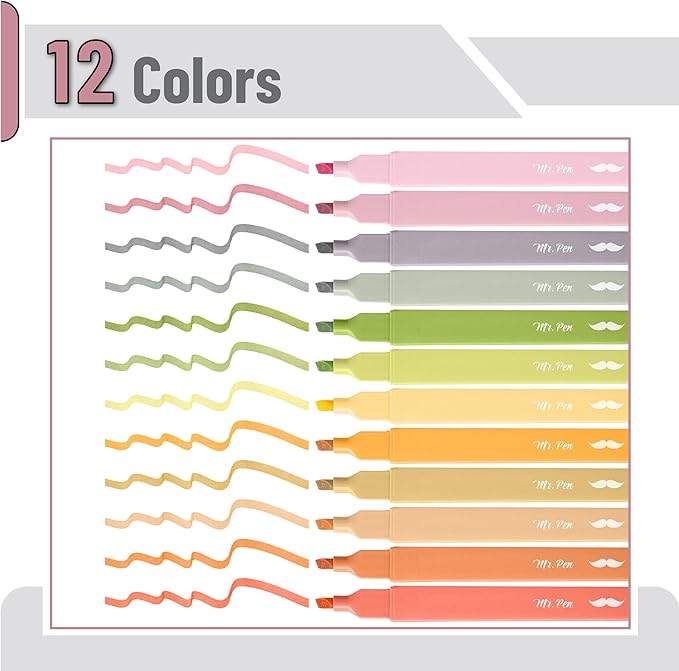 Mr. Pen- Aesthetic Highlighters, 12 pcs, Chisel Tip, Earthy Colors, Cute Highlighters Assorted Colors