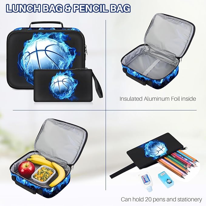 School Backpacks for Boys - 4pcs Basketball Boys Backpacks with Lunch Box Set for Kids Teens Elementary Middle School, 17″ Large Capacity Students Bookbag, Perfect for Travel