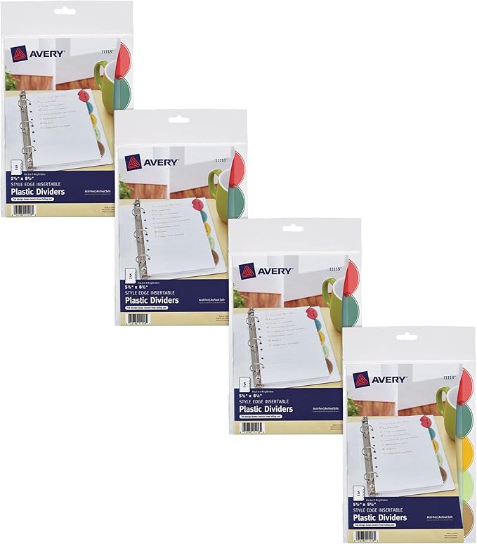 Avery Insertable Style Edge Plastic Mini Dividers for 3 Ring Binders, 5.5" x 8.5", 5-Tab Sets, Multicolor, 4 Binder Divider Sets (21118) |(Pack of 6)