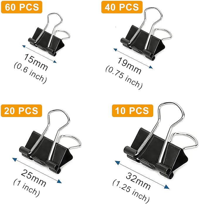130 Pack Black Binder Clips Assorted Sizes, Large Medium Small Mini 4 Sizes Mix, Paper Clamps Metal Paper Clips Set for Office School Home Business Supplies