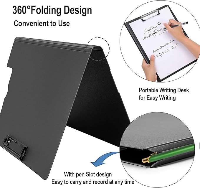 2 Pack Foldable Clipboards, A4 Office Clipboard Folder with Double Metal Clips, 360 Degree Foldable Binder Clipboard with Pen Holder, File Cover Work Folder Clipboards, White Blue