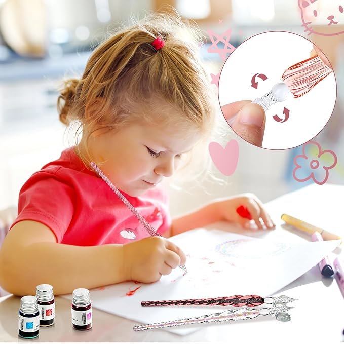 Zonon Glass Dipped Pen Ink Set 14 Pcs Include 6 Pcs Glass Dip Pen, 6 Colorful India Ink and 2 Holder Crystal Signature Calligraphy for Art, Writing, Gift(Purple Pink Color System)