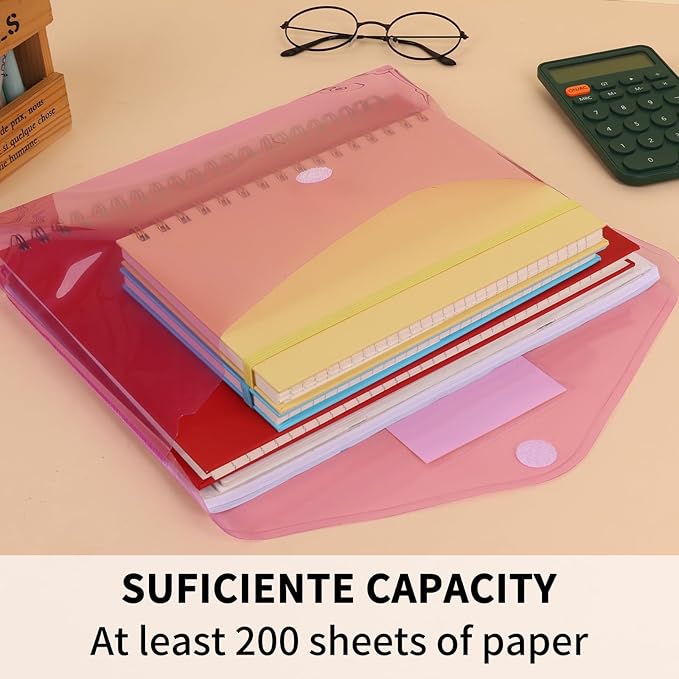 EOOUT 12pcs Plastic Envelopes Poly Envelopes, Hook & Loop Closure File Folders, A4 Size File Envelopes with Label Pocket for School and Office Supplies