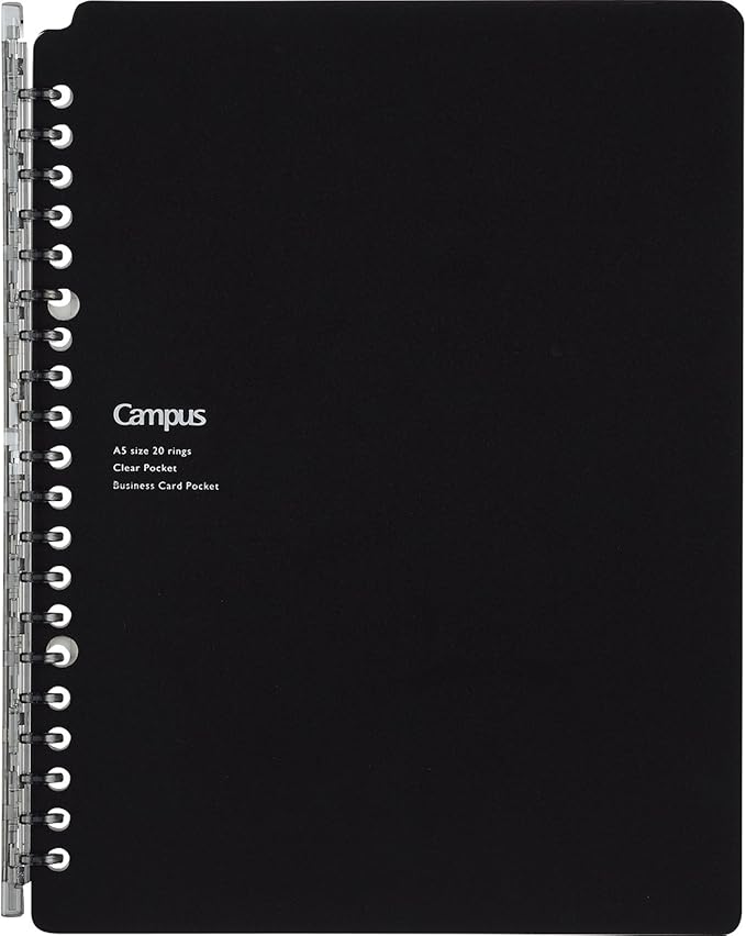 Kokuyo Campus Smart Ring Binder, A5 Black Refillable Binder Notebook 20 Holes with 10 Extra Loose-Leaf Paper, Up to 25 Filler Papers for Work & Study, Japan Import (RU-SP131D)