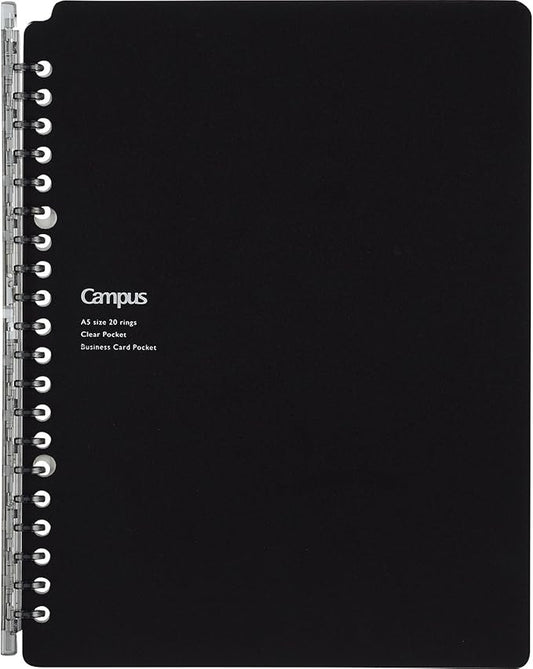 Kokuyo Campus Smart Ring Binder, A5 Black Refillable Binder Notebook 20 Holes with 10 Extra Loose-Leaf Paper, Up to 25 Filler Papers for Work & Study, Japan Import (RU-SP131D)