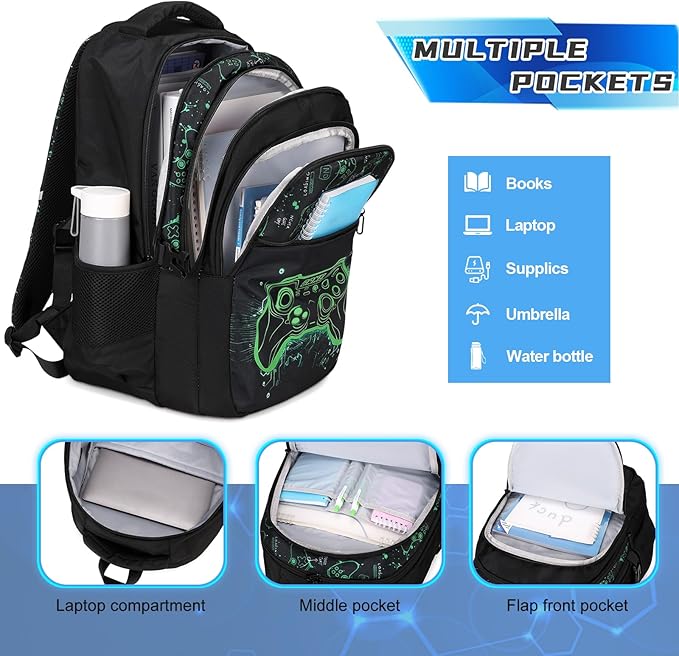 Boys Backpack for School, 3PCS Cool Luminous Gamer Backpack for Boys with Lunch Box Pencil Case, Kids Backpacks Bookbag for Teen Boy Elementary Middle High School with USB Charging Port