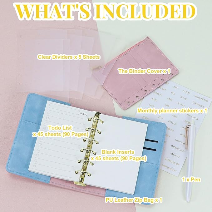 A7 Binder Refillable Planner Notebook 6 Ring, Portable Leather Organizer with Zippered Pocket, To-Do & Blank Refill Papers, Dividers, Monthly Sticker, Pen, for Students, Professionals, Travel (Sky Blue & Pink)