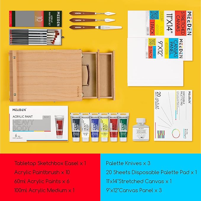 MEEDEN Acrylic Paint Set - 35 PCS Painting Kits for Adults with Tabletop Sketch Box Easel, Paint Brushes, Heavy Body Acrylic Paints, Canvas & Accessories - Premium Art Supplies for Beginners & Artists