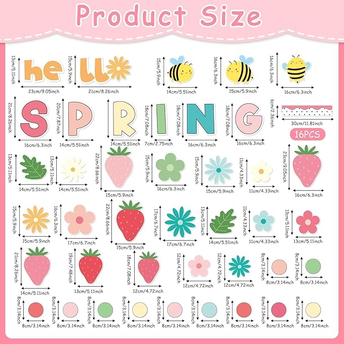 Hello Spring Bulletin Board Decorations Set Strawberry Cutouts Flowers Bulletin Board Decorations Floral Theme Blackboard Borders Flowers Cutouts for School Classroom Wall Decor