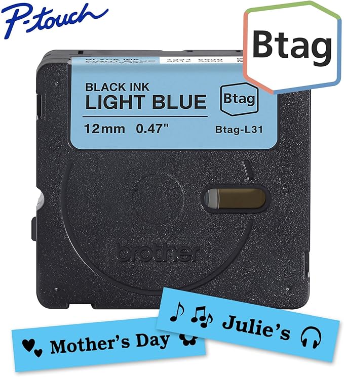 Brother Genuine P-Touch Btag BTAGL31 Black on Light Blue Label Tape ~1/2in by 13.1ft (12mm x 4m). (Works Only with Brother PT-N10, PT-N20, PT-N25BT Label Makers)