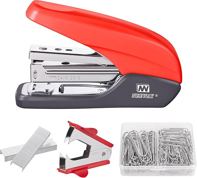 NEEWAY Effortless Stapler 25 Sheets Capacity, Jam Free, 4 in 1 Office Supplies Set with Staple Remover, 100pcs Paper Clips and 1000 Staples for Desk, Home (Red