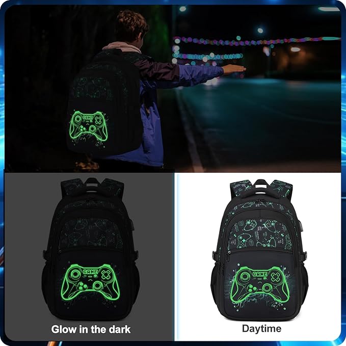 Boys Backpack for School, 3PCS Cool Luminous Gamer Backpack for Boys with Lunch Box Pencil Case, Kids Backpacks Bookbag for Teen Boy Elementary Middle High School with USB Charging Port