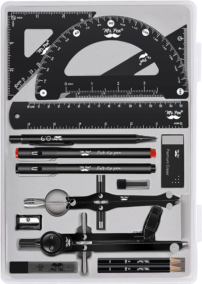 Mr. Pen- Professional Geometry Set, 15pcs, Black Geometry Kit for Artists and Students, Geometry Set, Metal Rulers and Compasses, Drawing Tools, Drafting Supplies, Drafting Set, Drafting Tools and Kit