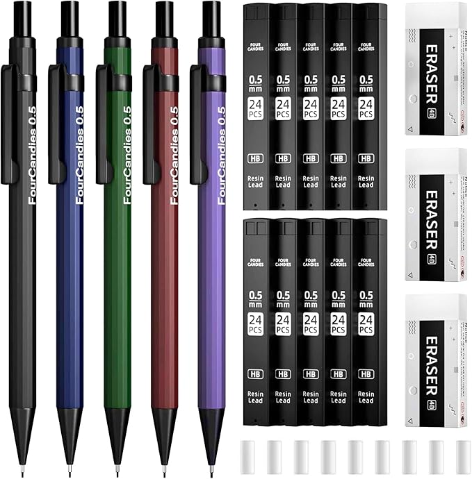 Four Candies Metal Mechanical Pencils 0.5, with #2 Pencil Leads 0.5mm, Eraser Set and Eraser Refills, 19-Count Pack with Case, Back to School Supplies for Writing, Drafting, Drawing