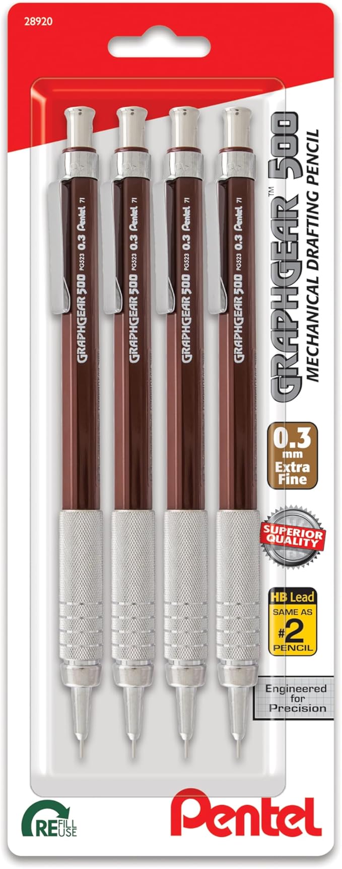Pentel GraphGear 500 Mechanical Drafting Pencil, (0.3mm), Extra Fine Line, Brown Barrel, Pack of 4 (PG523BP4E)