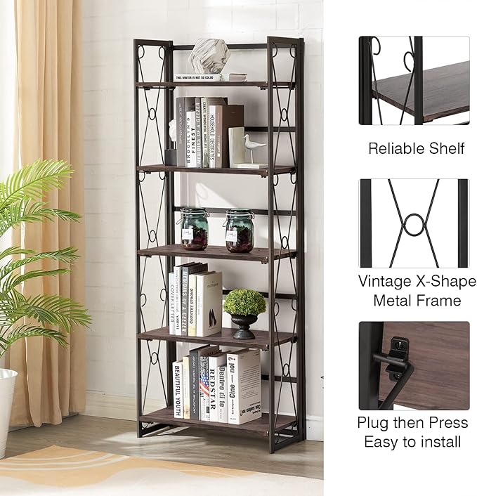 VECELO 2 Set Folding Bookshelf 5-Tier,Industrial Metal Frame & Wood Shelves,Foldable Bookcase No Assembly Free Standing Storage Organizer for Living Room,Office,Bedroom