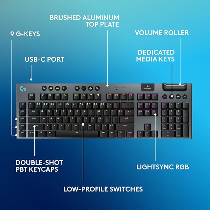 Logitech G915 X Lightspeed Low-Profile Wireless Gaming Keyboard, Double-Shot PBT Keycaps, Fully Programmable Keys, RGB Backlighting, Sleek Aluminum Finishing, GL Brown Tactile Switches-PC/Mac - Black