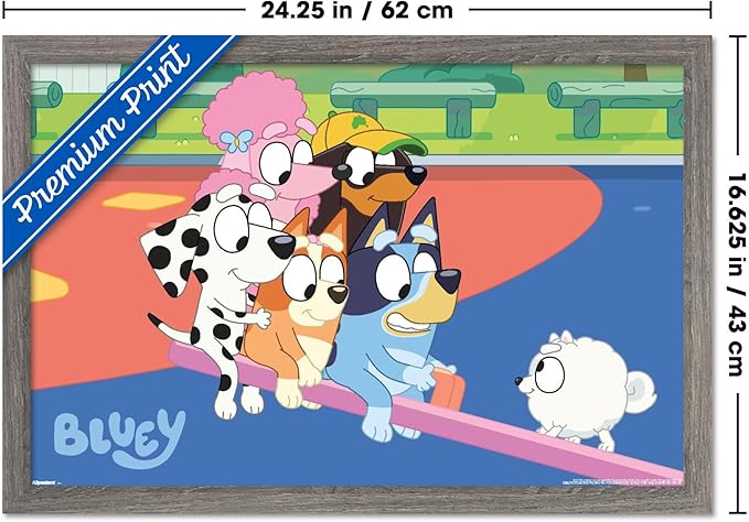 Bluey (2018) - Bluey and Friends See Saw Fun Wall Poster, 22.4L" x 14.7W", Barnwood Framed Version