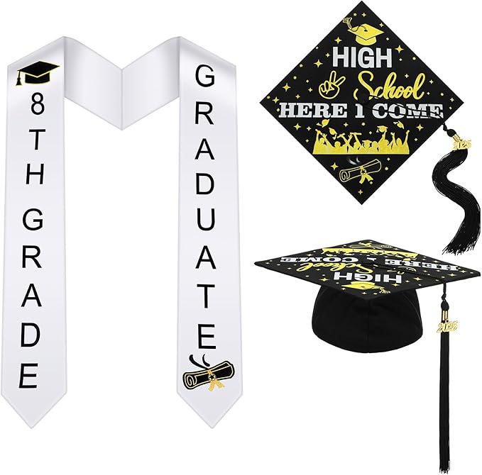 2 Pcs 5th 8th Grade Graduation Cap and Stole, Class of 2026 Graduation Sash Cap Stole Kindergarten Grad Gifts