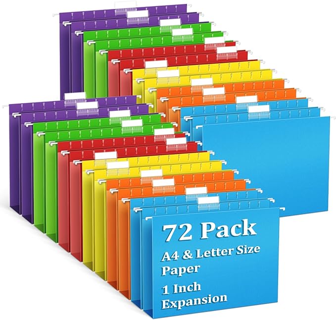 V-Opitos 72 Pack 1 Inch Expansion Hanging File Folders, Letter Size Hanging Folders with 1/5-Cut Adjustable Tab, Extra Capacity Hanging File Folders, Ideal School Classroom, Office Supplies