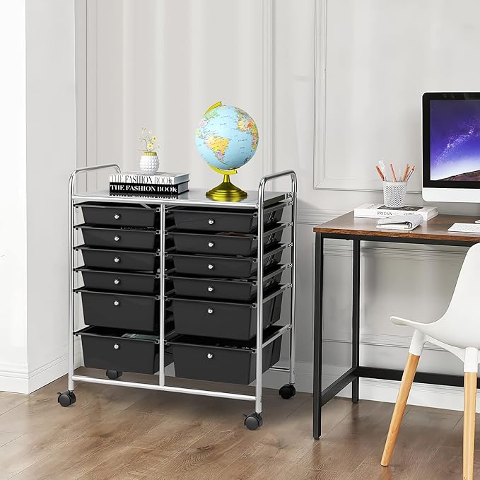 COSTWAY 12-Drawer Rolling Storage Cart, Moveable Art Craft Organizer W/Lockable Wheels, Metal Shelf, Files Arrangement Tools Makeup Storage Cart for Office, Home, School (Black)