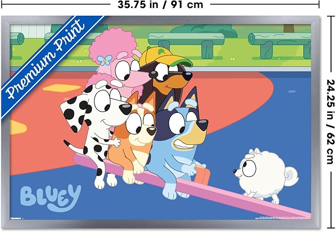 Bluey (2018) - Bluey and Friends See Saw Fun Wall Poster, 34L" x 22.4W", Silver Framed Version