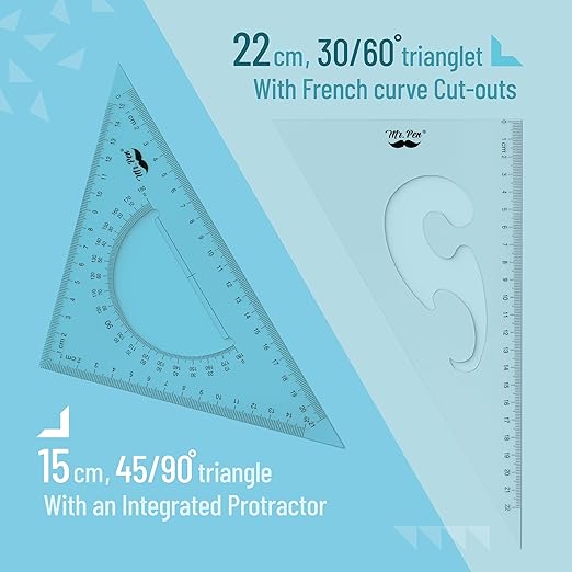 Mr. Pen- Triangle Ruler, 2 Pack, 22&15cm, 30/60 & 45/90, Right Triangle Ruler for Drawing