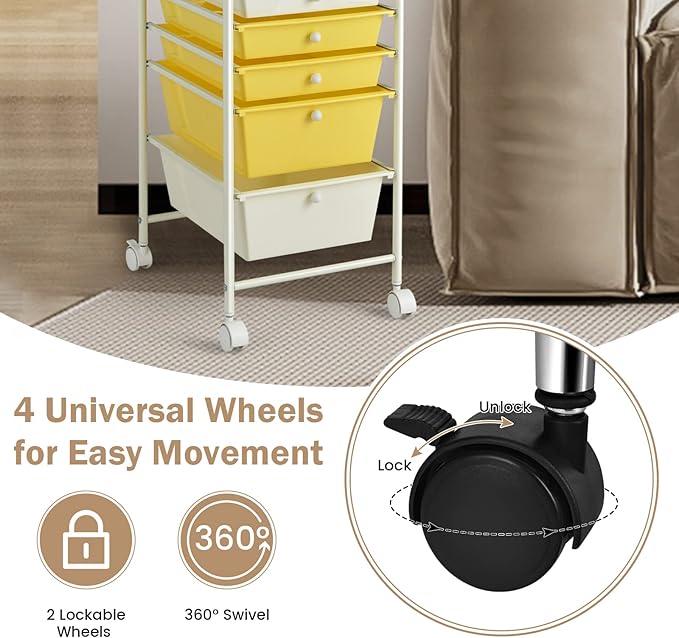 COSTWAY 6-Drawer Rolling Storage Cart, Multifunctional Art Craft Tools Organizer on Wheels, Heavy Duty Utility Mobile Storage Trolley w/ 2 Lockable Wheels for Home Office School (Yellow, Beige & Grey)