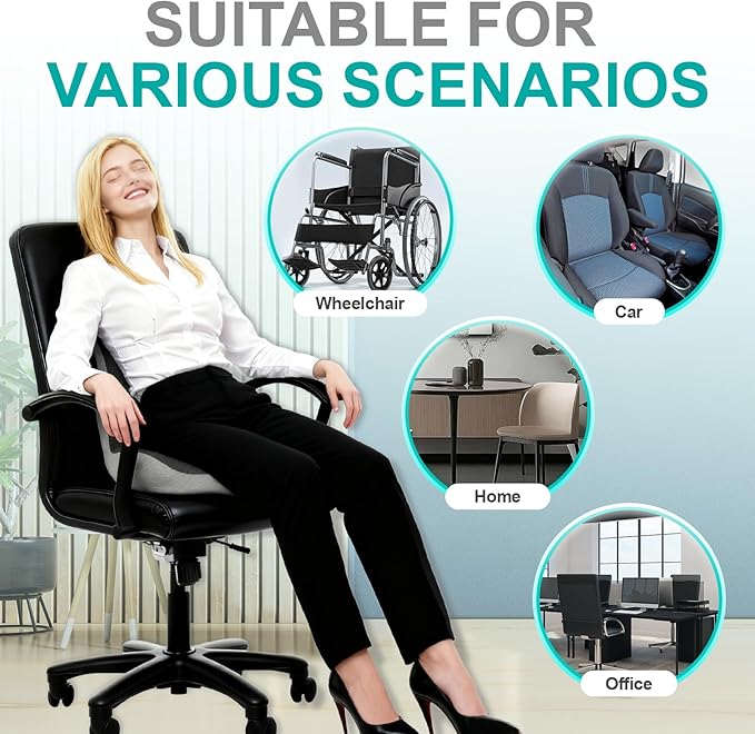 Seat Cushion for Office Chair, Car and Wheelchair Use, with Lumbar Support Pillow and Memory Foam Coccyx Cushion for Tailbone Pain, Back Pain, Sciatica and Hemorrhoid Relief, Ergonomic seat Cushion