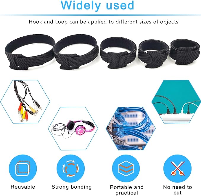 100pcs Reusable Cable Ties 7.8 In |Adjustable Cord Straps&Wire Wraps|Hook and Loop Cable Management Organizer