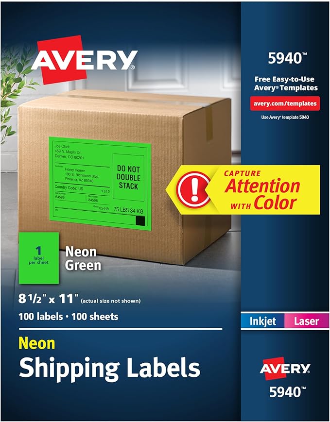 Avery Printable Shipping Labels, 8-1/2" x 11", Neon Green, Laser & Inkjet Compatible, 100 Blank Labels Total, Great for Branding, Mailing, Organizing, and More (5940)