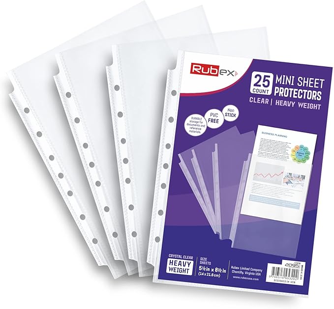 RUBEX Mini Heavyweight Sheet Protectors - 25 Sheets | Top Loading, Reinforced 7-Hole 5.5 x 8.5 Inch |Mini Ring Binders for Page Protectors, Acid-Free, Archival Safe for Documents and Photos