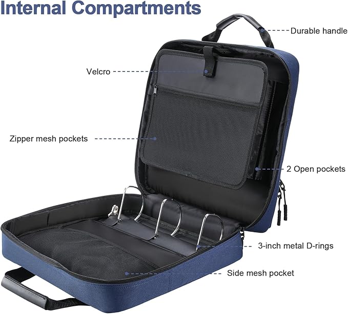 3 Ring Zipper Binder 3 Inch D-Ring, Binder with Strap 700 Sheet Capacity & Multi-Pockets School and Office Organizer, Compatible with 13-Inch MacBook(Patent Design Dark Blue)