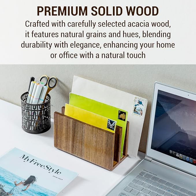 MyGift 3 Slot Premium Acacia Solid Wood Mail Holder, Entryway Countertop Letter Organizer, Office Desktop File Sorter, Bill Divider, Envelope Storage Bin