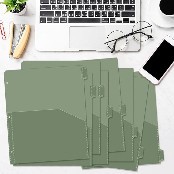 Koqye Binder Dividers with Pockets - 8 Plastic Dividers for 3 Ring Binders - A4 Bividers with Tabs for Planners (Dark Green - 1 Pack)